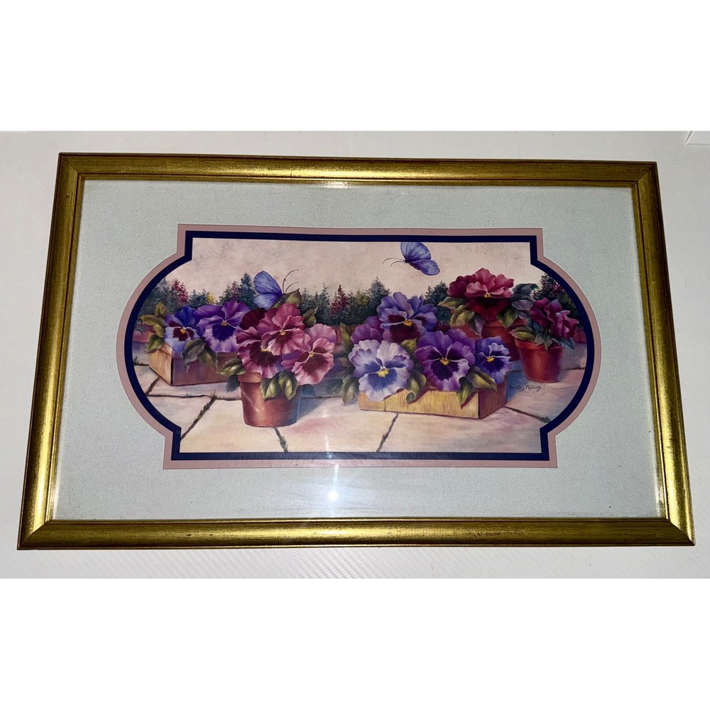 Dorothy Mullins Pansies Butterflies Framed Art Print 21.5x13.5x1 Gold Frame VGUC